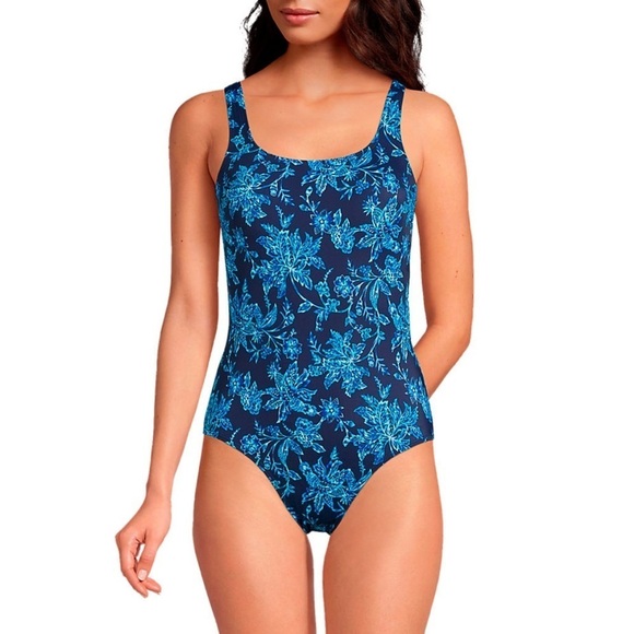 Women's Chlorine Resistant High Leg Soft Cup Tugless Sporty OnePiece Blue Floral - Picture 1 of 4
